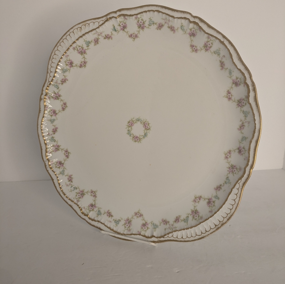 Theodore Haviland Limoges Handled Platter Pink Blue Flowers Double Gold Trim